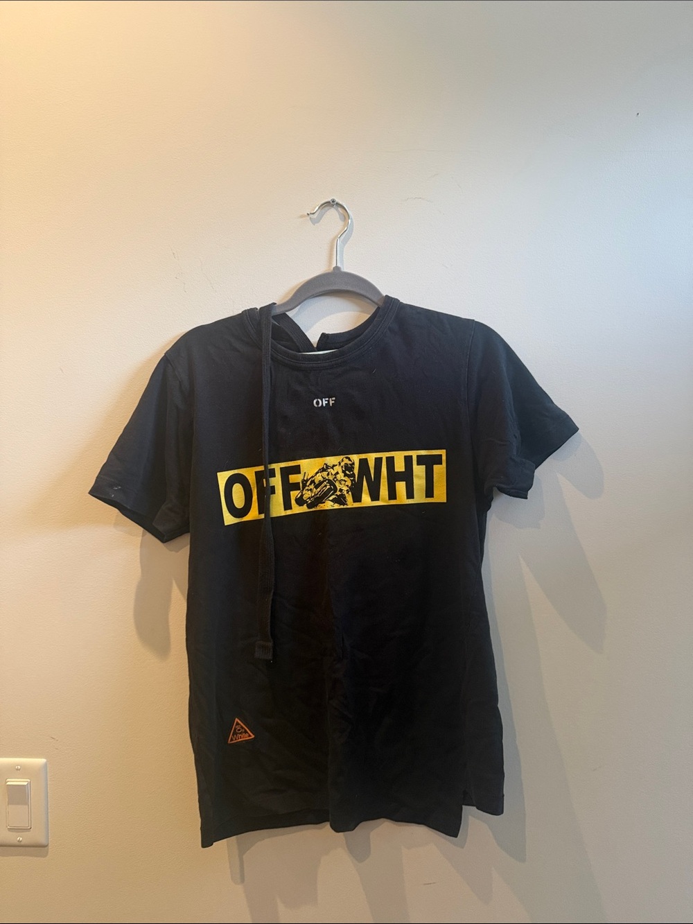 Off-White Black Tee with Yellow Logo Panel